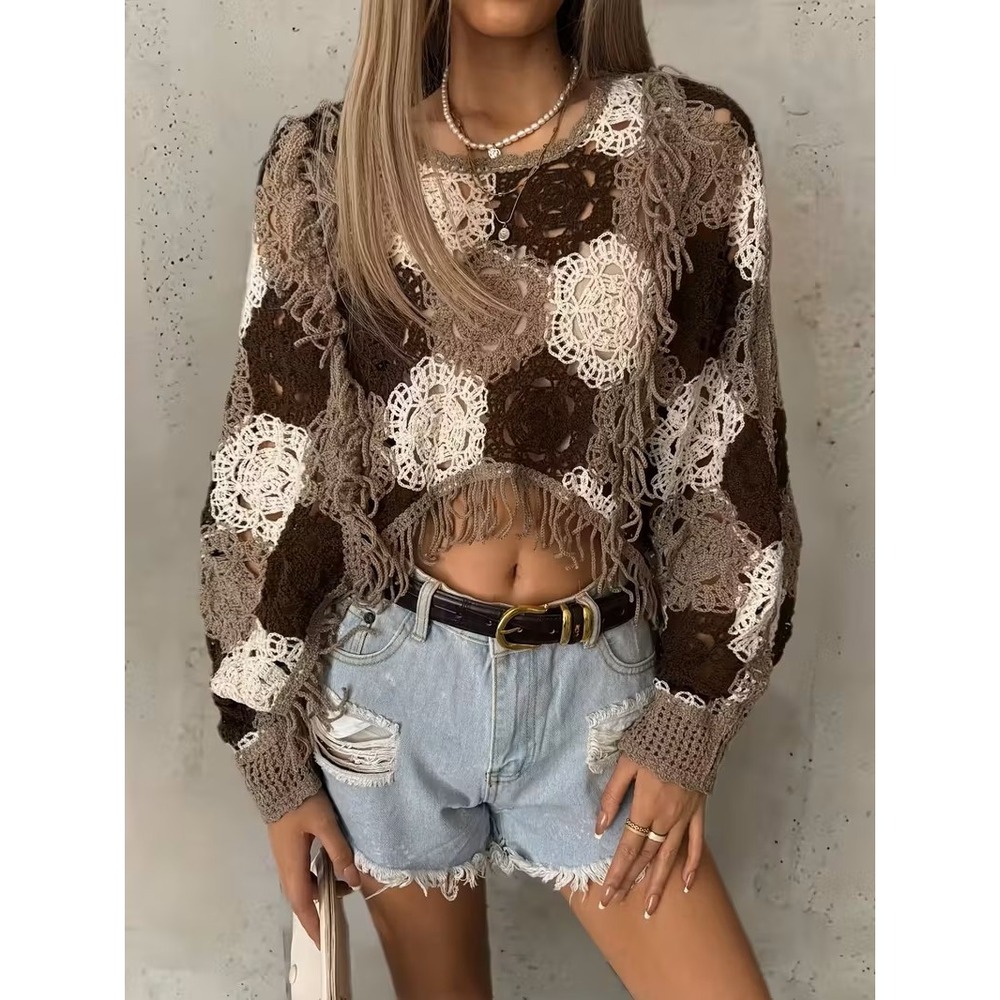 Unbranded Boho Crochet Fringe Sweater Brown Cream Patchwork Crop Top NEW S-L